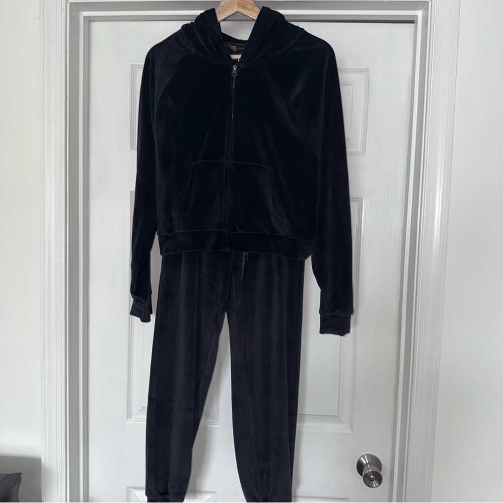 Victoria's Secret Black Velour Lounge Set Pants and Zip Hoodie S M Track Suit